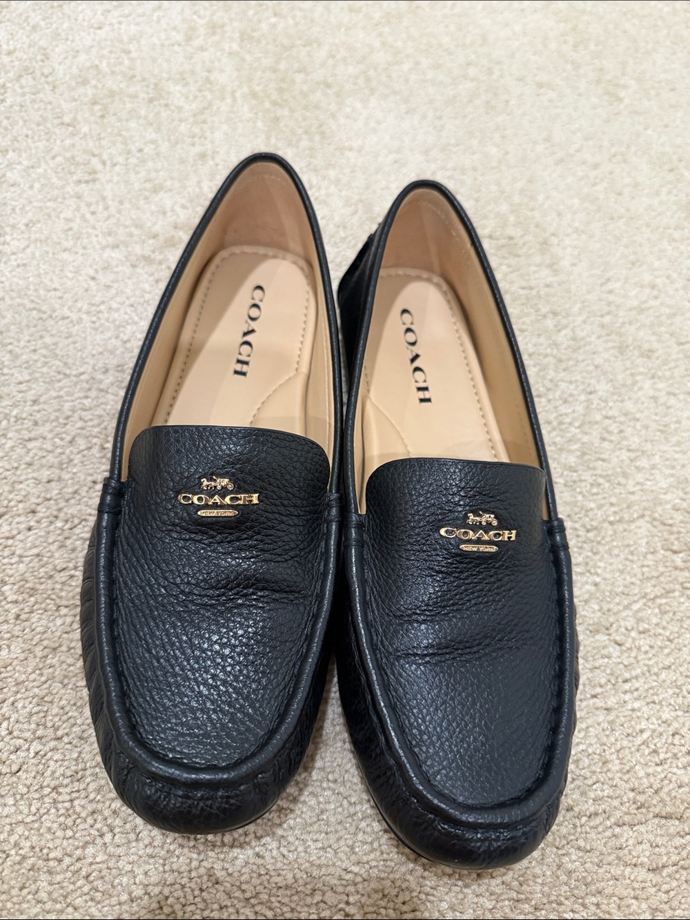 Coach Black Pebbled Leather Slip-On Loafers with Gold Logo